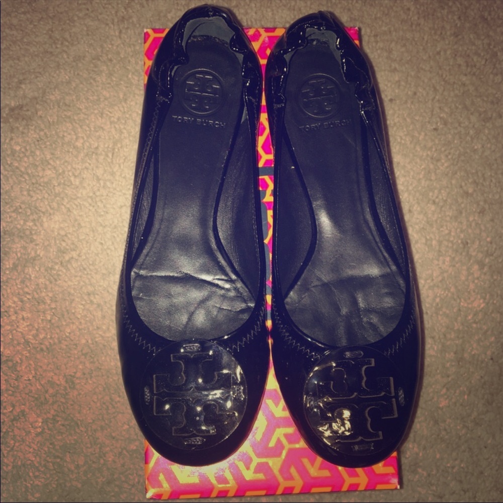Tory Burch black patent Reva flats